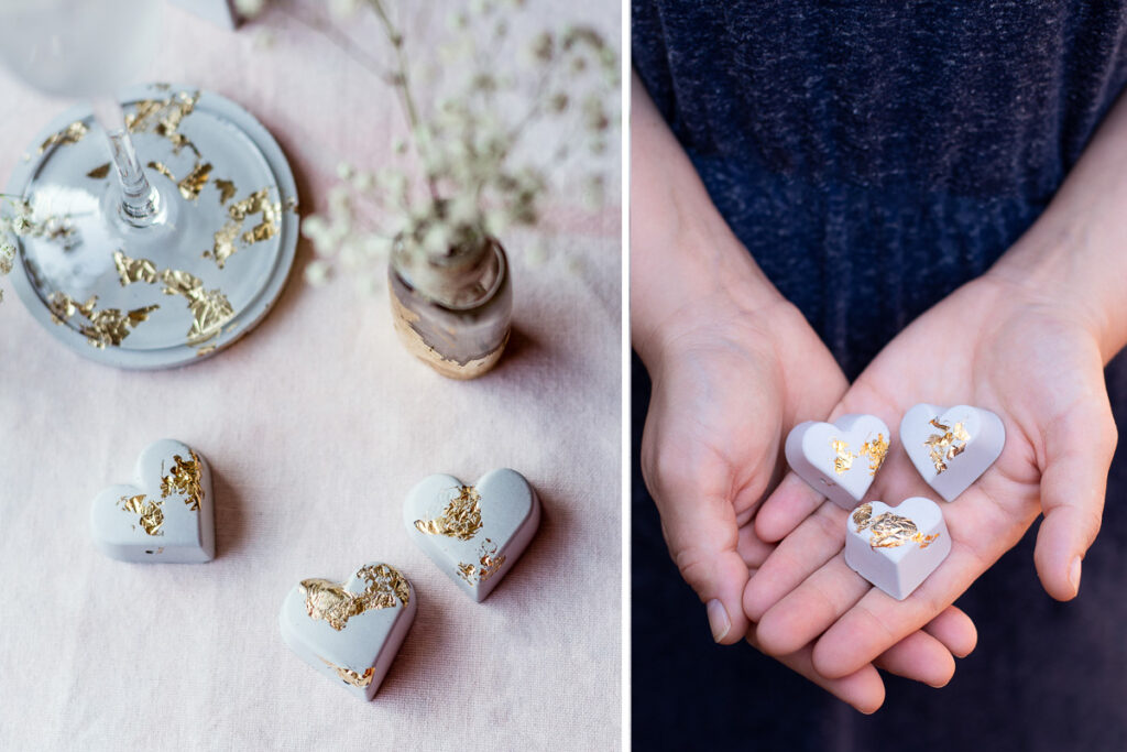 DIY Beton Herzen mit Blattgold - Tischdeko zur Hochzeit