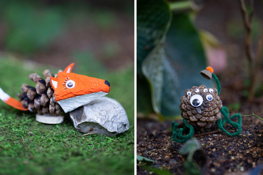 Kreatives Basteln mit Kindern im Herbst - DIY Waldtiere aus Zapfen und Eierkarton