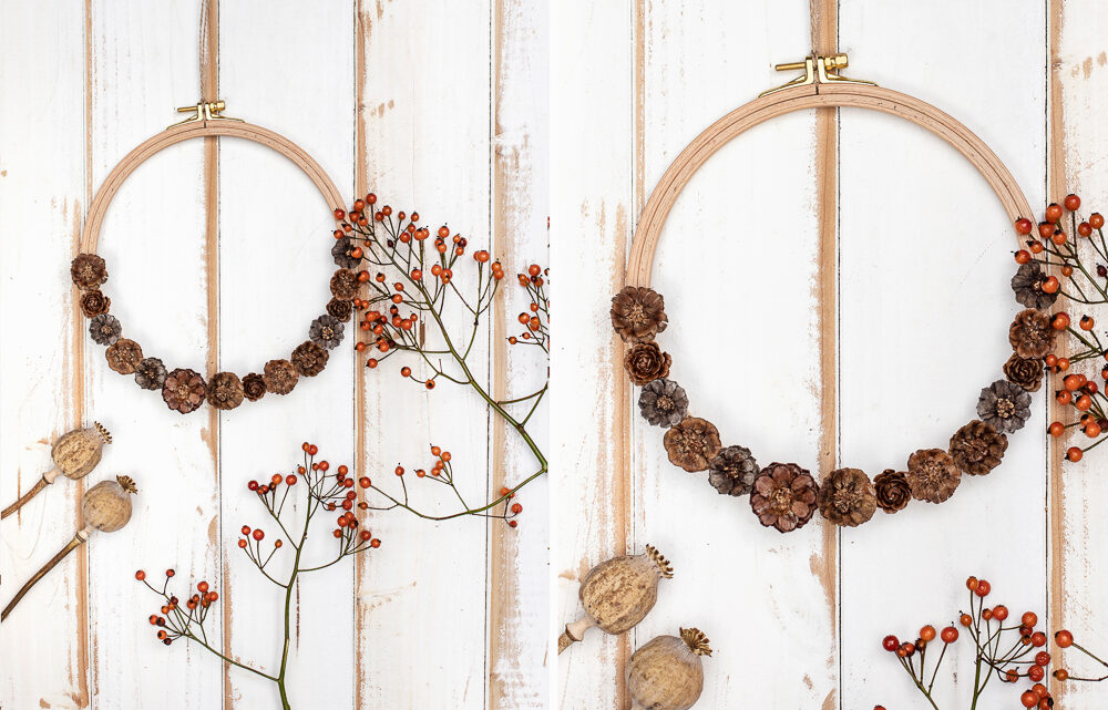 DIY Herbstkranz basteln – Blüten am Stickrahmen