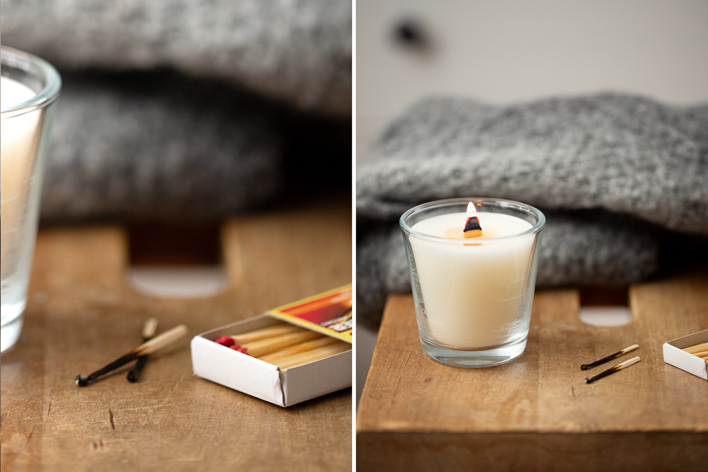 DIY Kerzen mit Holzdocht selber machen. Knisterkerzen herstellen.